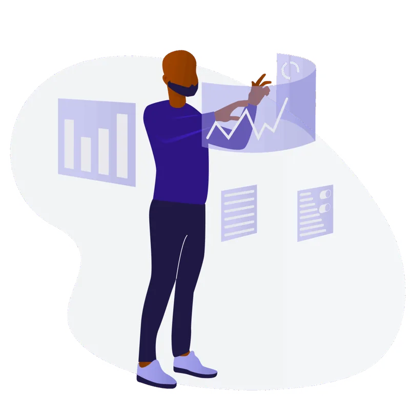 Illustration of a person interacting with charts and data displays