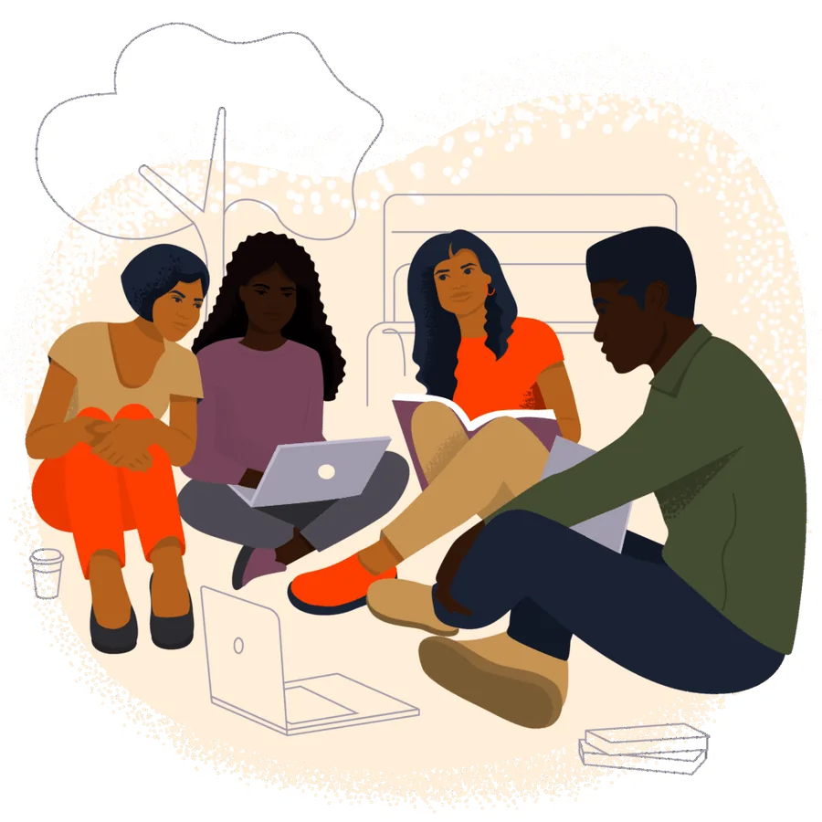 Illustration of four students studying together with laptops and notebooks