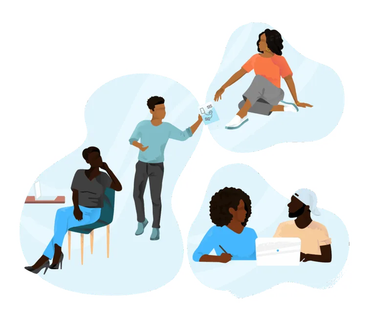 Illustration of people collaborating on learning materials